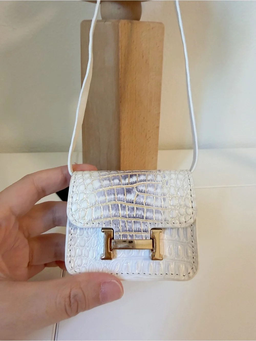 Genuine Leather White Gray Croc Embossed Mini Bag Charm